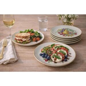 Naaman Israel 1970s Porcelain Fruits Salad Dessert Plates Set Of 8, 7.5”